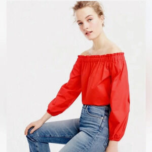 J. Crew‎ Womens Off-the-Shoulder Blouse Size 0 Red 100% Cotton Preppy